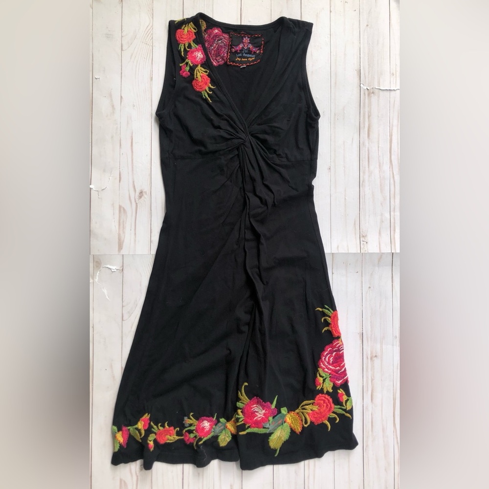Johnny Was Los Angeles Black Sleeveless Dress w Twist Front & Flower Embroidery